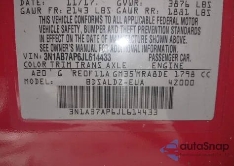 2018 Nissan Sentra Sv z USA, uszkodzony, nr VIN 3N1AB7AP6JL614433